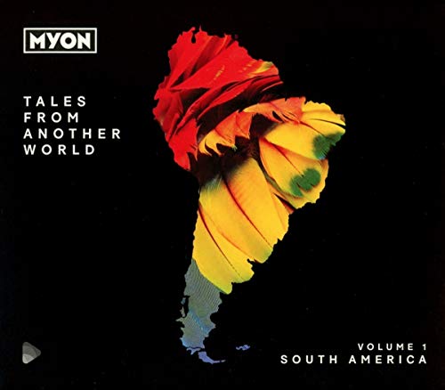 "Album cover with a colorful, abstract map of South America on a black background."