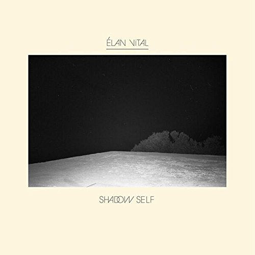 Album cover with black and white landscape image on beige background.