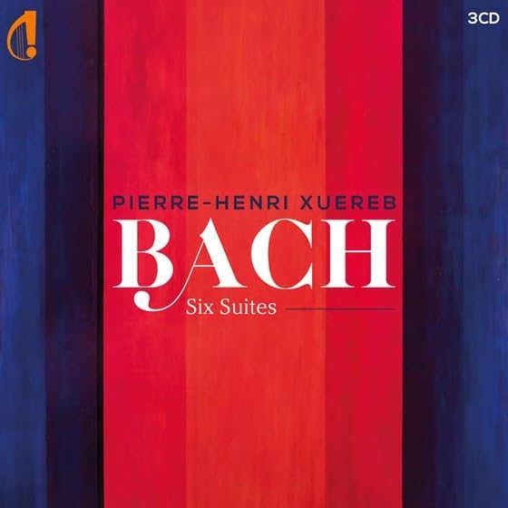 CD cover for Pierre-Henri Xuereb performing Bach’s Six Suites, red and blue.