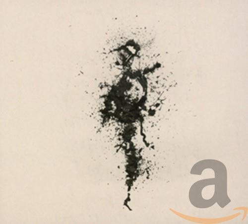 Black ink splatter forming a figure on a beige background, with a letter "a".