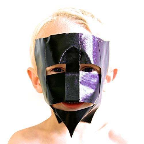 The image shows a child wearing a black and purple leather mask.