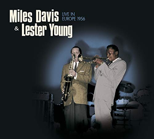 "Album cover featuring Miles Davis and Lester Young playing saxophones on a dark stage."