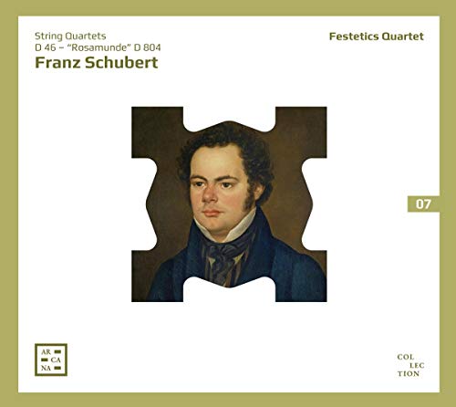 CD cover featuring a portrait of Franz Schubert, white background, green border.