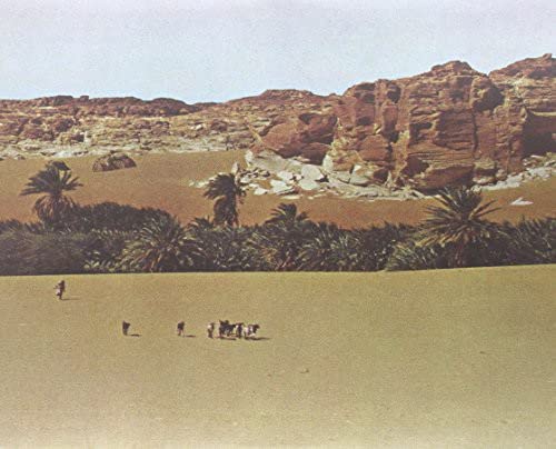 Desert landscape with red rock formations and small figures walking.