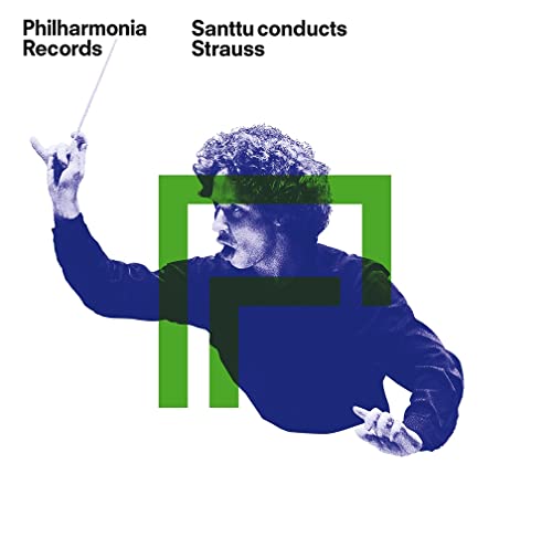 Conductor Santtu-Matias Rouvali in monochrome with green geometric shapes.