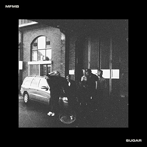 Black and white album cover featuring a group near a car.
