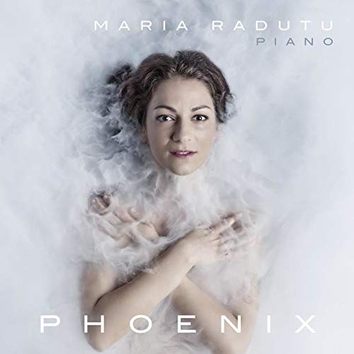 Woman surrounded by white mist with text "Maria Radutu Piano" and "Phoenix" on album cover.