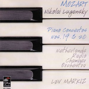 A CD cover featuring piano keys with handwritten text: Mozart concertos by Lugansky.