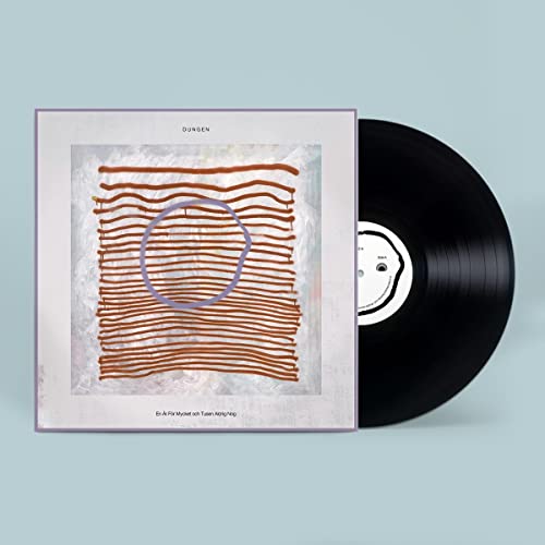 Vinyl record with abstract orange and white line art album cover.