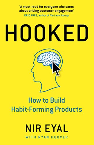 The image depicts a book cover. "Alt text: Yellow book cover with 'Hooked' title, head outline, and cursor icon."