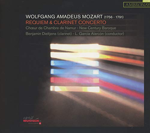 CD cover for Mozart’s Requiem & Clarinet Concerto, abstract blue design.