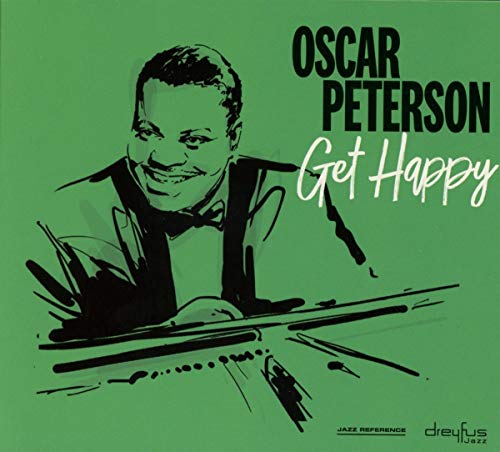 "Oscar Peterson album cover with green background, black and white illustration of pianist."