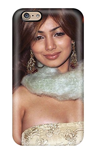 Woman with long brown hair and ornate earrings on a phone case.