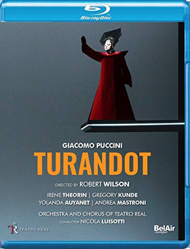 Blu-ray cover for Puccini’s opera *Turandot* featuring a performer in red.