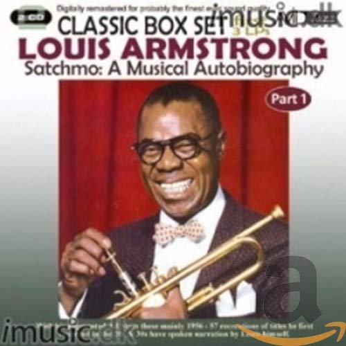 Louis Armstrong with trumpet, album cover for "Satchmo: A Musical Autobiography Part 1".