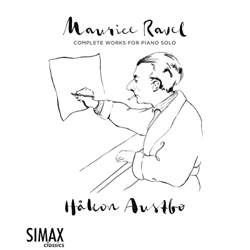 Black and white sketch of Maurice Ravel composing at a piano.