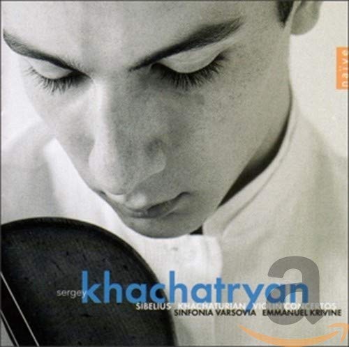 Close-up of violinist Sergey Khachatryan on CD cover, black and white.