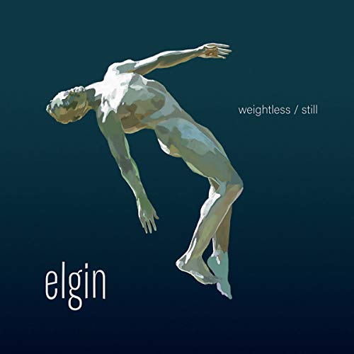 A 3D-rendered nude figure floats against a dark blue background with text "elgin" and "weightless / still".