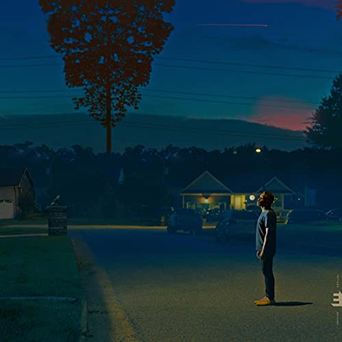 CD cover: man standing on a street with trees and houses.