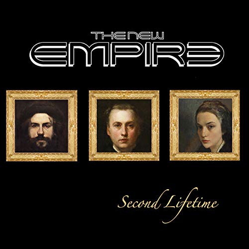 "Album cover with three portraits in gold frames on a black background."