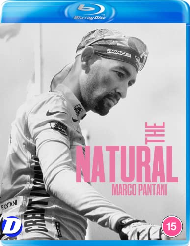 Black and white Blu-ray cover featuring cyclist Marco Pantani wearing a cycling cap.