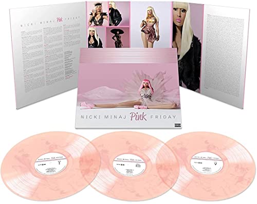 Nicki Minaj’s “Pink Friday” vinyl record, likely featuring pink cover art.