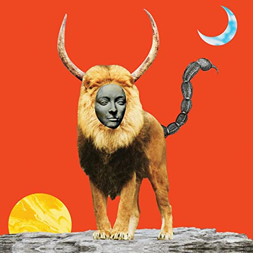 Composite image of a lion-human-scorpion hybrid against a red background.