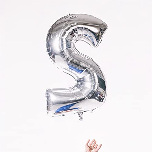 Silver foil balloon shaped like the letter "S" against white.