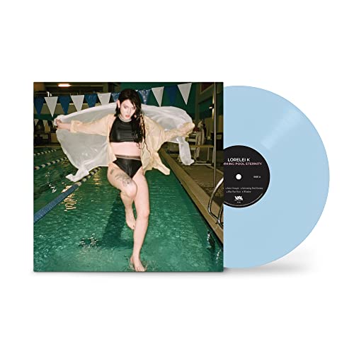 Lorelei K album cover featuring a woman by a swimming pool, vinyl record beside.