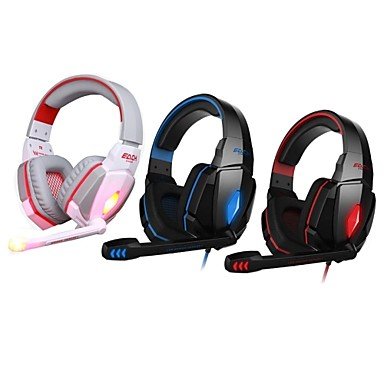 Three over-ear gaming headphones with microphones in pink, black/blue, and red.