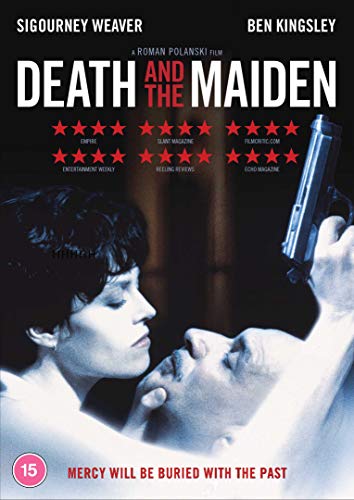 DVD cover for "Death and the Maiden" featuring a woman pointing a gun.