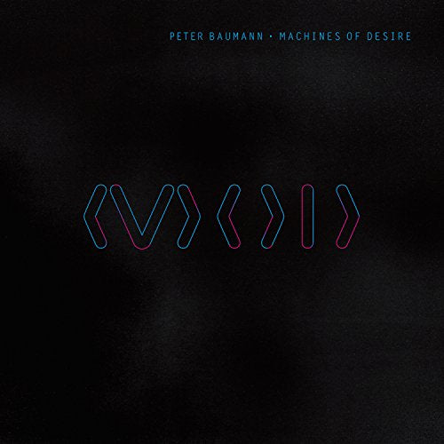 Dark album cover with abstract blue and red geometric shapes.