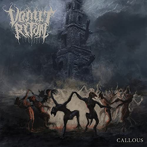 Dark album cover depicting a ritual scene before a crumbling building.