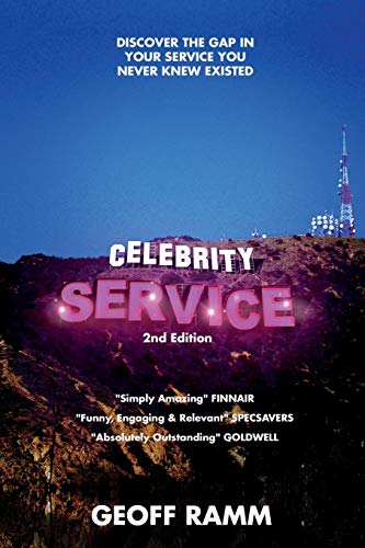 The image depicts a book cover with a dark landscape and glowing text. "Book cover with 'Celebrity Service' in glowing letters on a dark landscape."