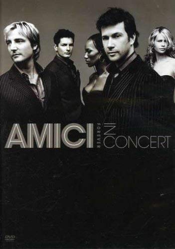 "Image of Amici Forever DVD cover featuring five members in formal attire against a grey background."