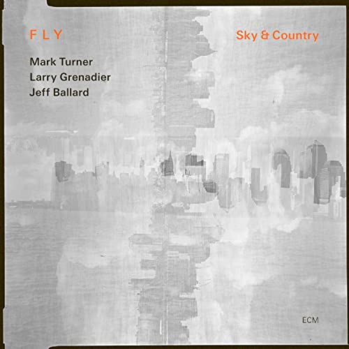 CD cover for "Fly - Sky & Country" with abstract city skyline.