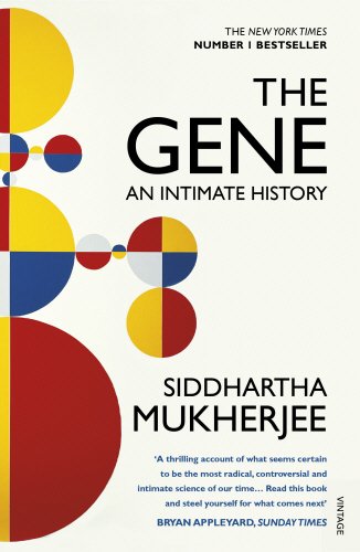 "Book cover of 'The Gene: An Intimate History' with colorful circles and text."