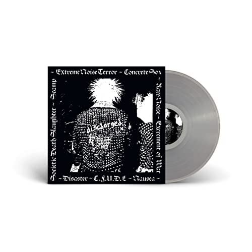 Clear vinyl record with black and white punk-style album cover art.