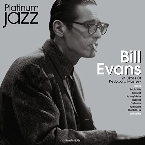 Black and white cover art of Bill Evans with text Platinum Jazz and tracklist.