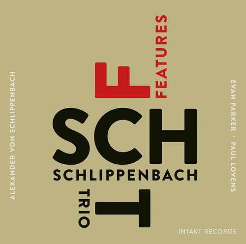 "CD cover with 'Schlippenbach Trio' and artist names, olive background, bold typography."