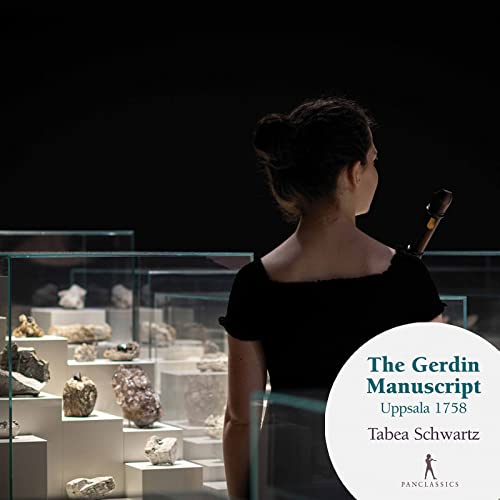 Woman with recorder, facing display of geological specimens, album cover.