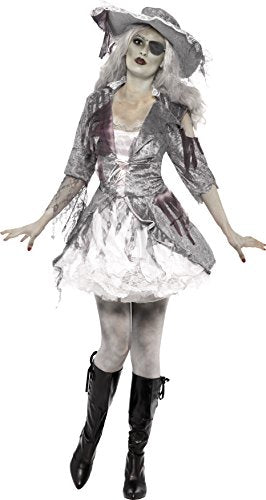 A woman in a ghost pirate costume, with grey dress, hat, and pale makeup.