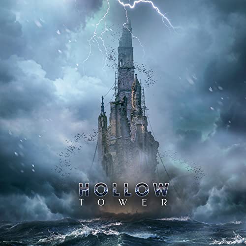 Dark, stormy image of a crumbling tower surrounded by birds and waves.