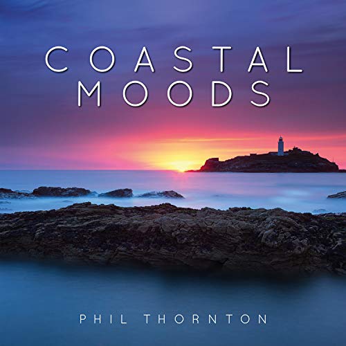 "Album cover with rocky shoreline, lighthouse, and sunset, titled 'Coastal Moods' by Phil Thornton."