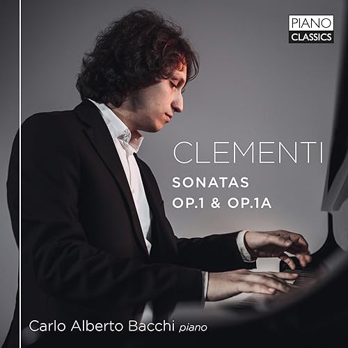 CD cover featuring pianist Carlo Alberto Bacchi and text "Clementi Sonatas.