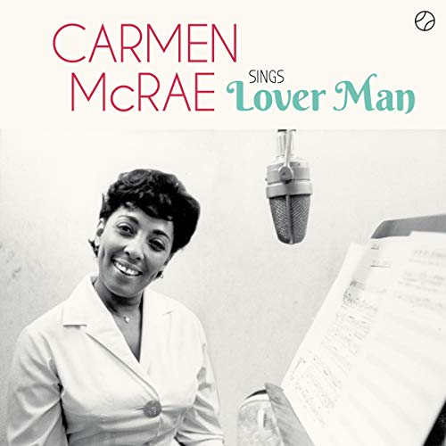 Carmen McRae portrait with microphone and sheet music, album cover.