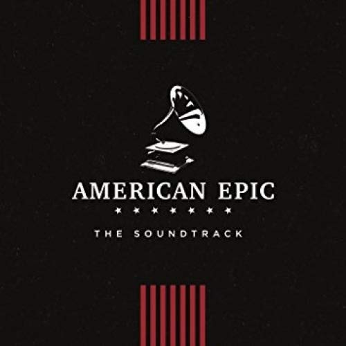 "Black vinyl album cover with white 'American Epic' text and gramophone logo, red stripes."