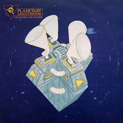 "Vinyl record cover featuring a futuristic spaceship with yellow accents against a dark blue background."