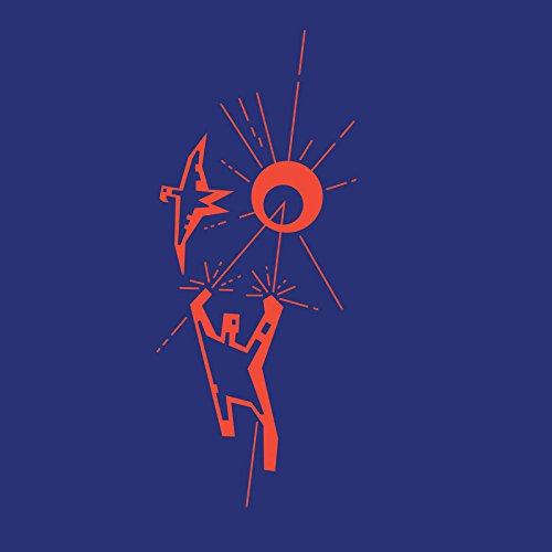 The image is a graphic of a person holding a bow and arrow, with a sun or moon in the background. The image is a simple, stylized illustration of a person shooting a bow and arrow, set against a blue background. The figure is depicted in orange, with bold lines and geometric shapes used to create the design. The overall effect is one of dynamic energy and movement. Alt text: Orange figure holding bow and arrow on blue background with sun or moon.