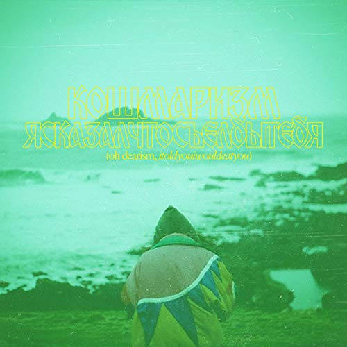 "Album cover with a person in a hooded jacket on a rocky shore."